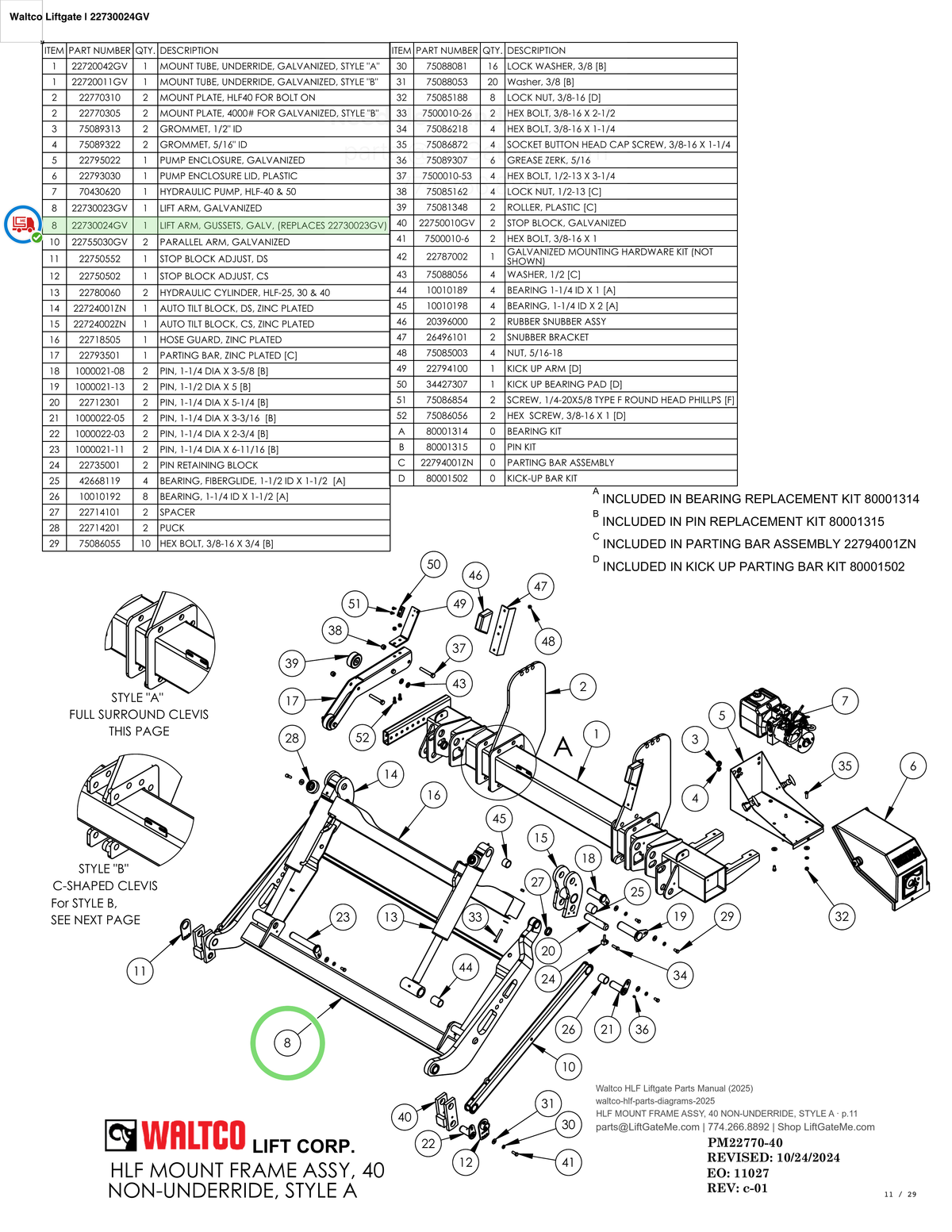 Waltco Liftgate | 22730024gv — HLF MOUNT FRAME ASSY, 40 NON-UNDERRIDE, STYLE A · p.11 (Waltco HLF Parts Manual)