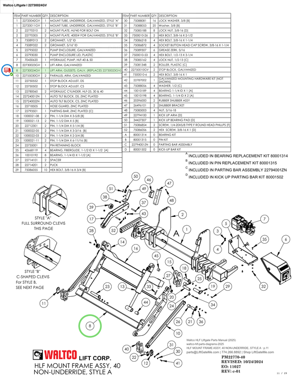 Waltco Liftgate | 22730024gv — HLF MOUNT FRAME ASSY, 40 NON-UNDERRIDE, STYLE A · p.11 (Waltco HLF Parts Manual)