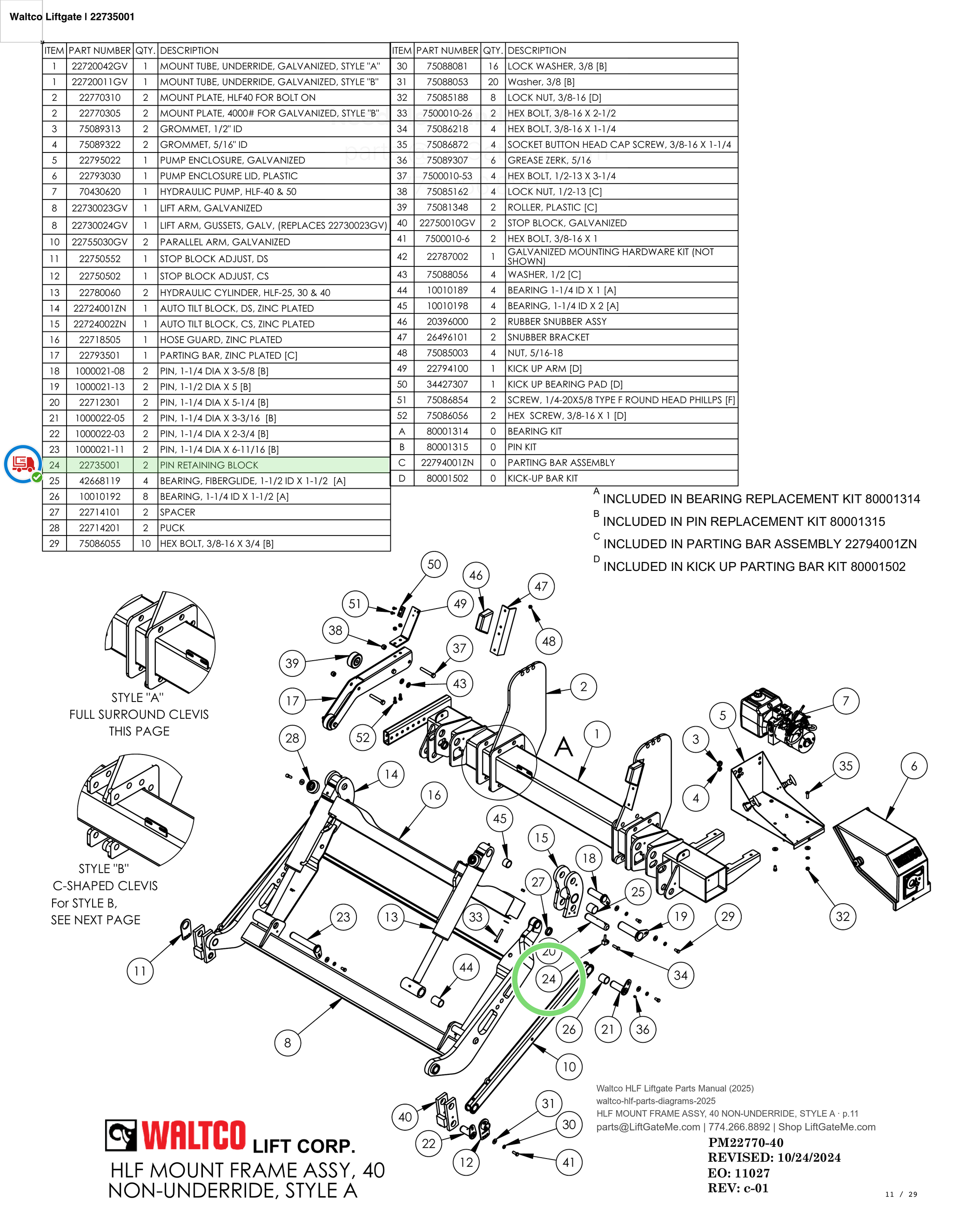 Waltco Liftgate | 22735001 — HLF MOUNT FRAME ASSY, 40 NON-UNDERRIDE, STYLE A · p.11 (Waltco HLF Parts Manual)