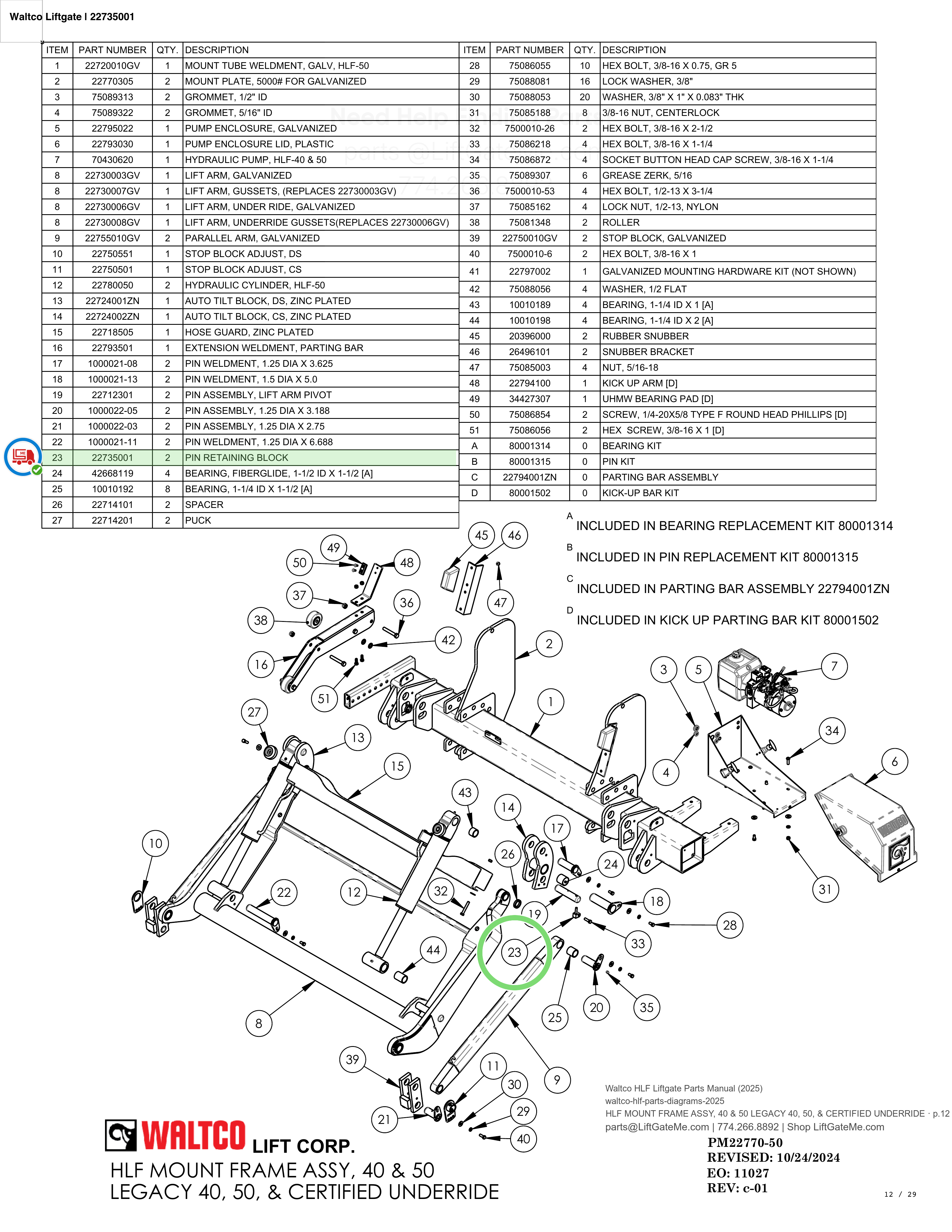 Waltco Liftgate | 22735001 — HLF MOUNT FRAME ASSY, 40 & 50 LEGACY 40, 50, & CERTIFIED UNDERRIDE · p.12 (Waltco HLF Parts Manual)