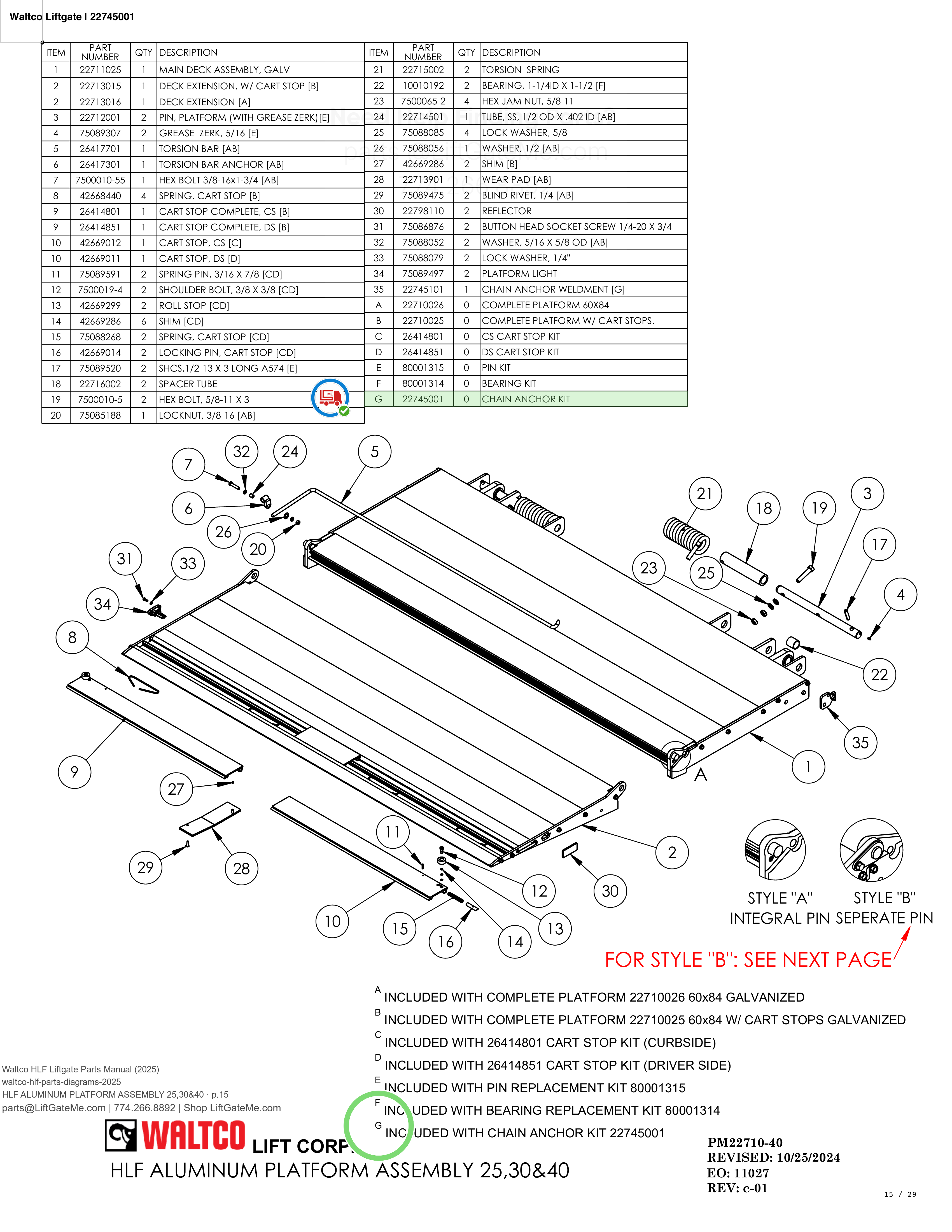 Waltco Liftgate | 22745001 — HLF ALUMINUM PLATFORM ASSEMBLY 25,30&40 · p.15 (Waltco HLF Parts Manual)