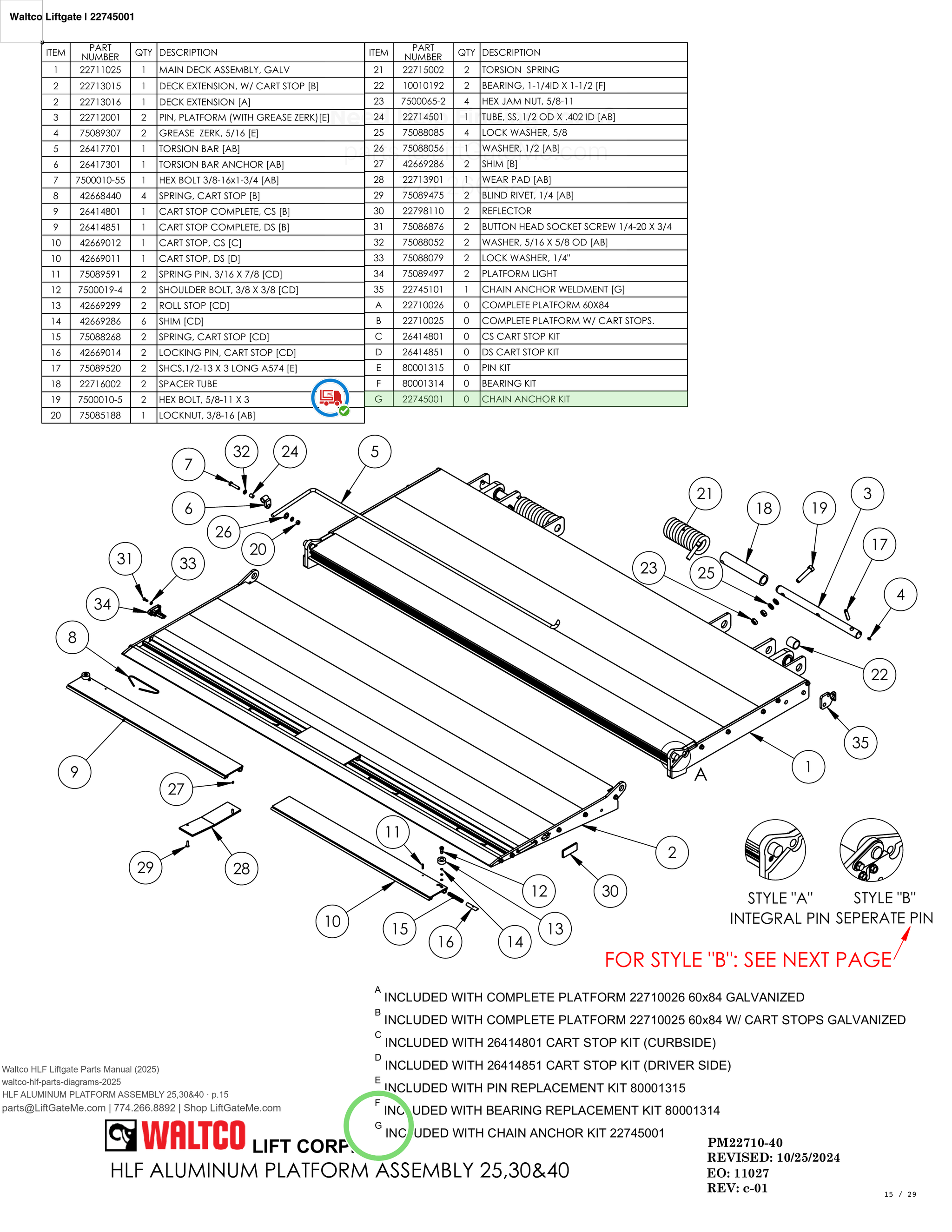 Waltco Liftgate | 22745001 — HLF ALUMINUM PLATFORM ASSEMBLY 25,30&40 · p.15 (Waltco HLF Parts Manual)
