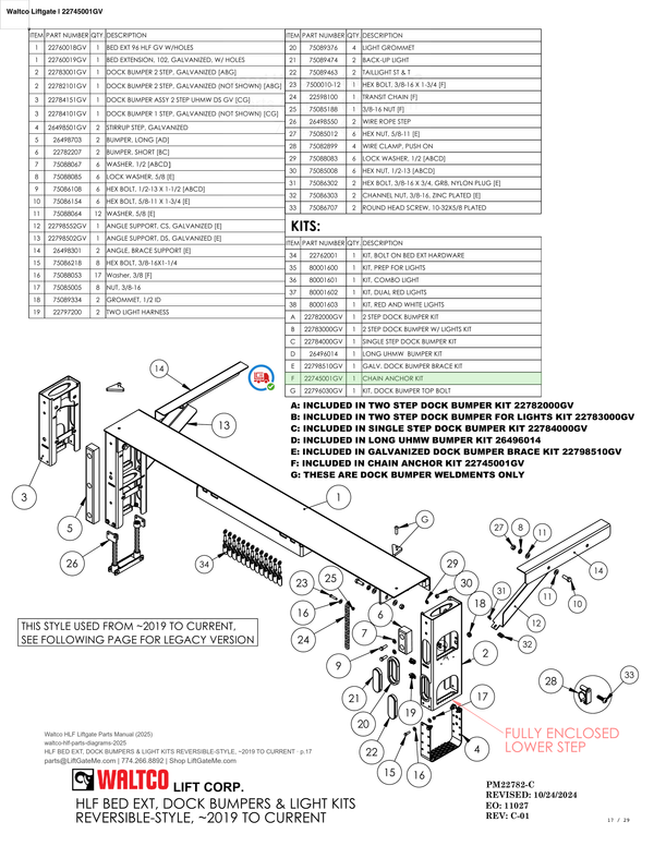 Waltco Liftgate | 22745001gv — HLF BED EXT, DOCK BUMPERS & LIGHT KITS REVERSIBLE-STYLE, ~2019 TO CURRENT · p.17 (Waltco HLF Parts Manual)