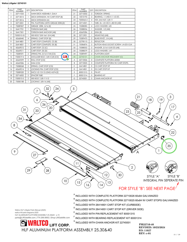 Waltco Liftgate | 22745101 — HLF ALUMINUM PLATFORM ASSEMBLY 25,30&40 · p.15 (Waltco HLF Parts Manual)