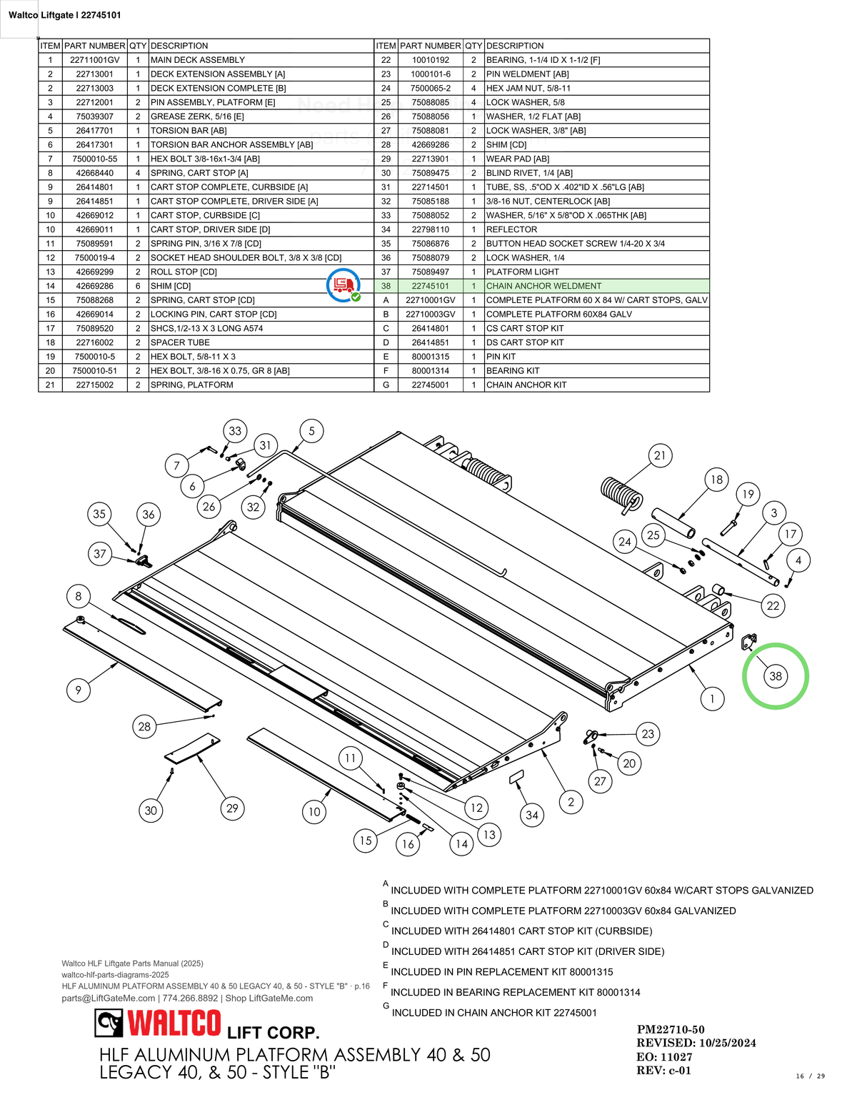 Waltco Liftgate | 22745101 — HLF ALUMINUM PLATFORM ASSEMBLY 40 & 50 LEGACY 40, & 50 - STYLE "B" · p.16 (Waltco HLF Parts Manual)