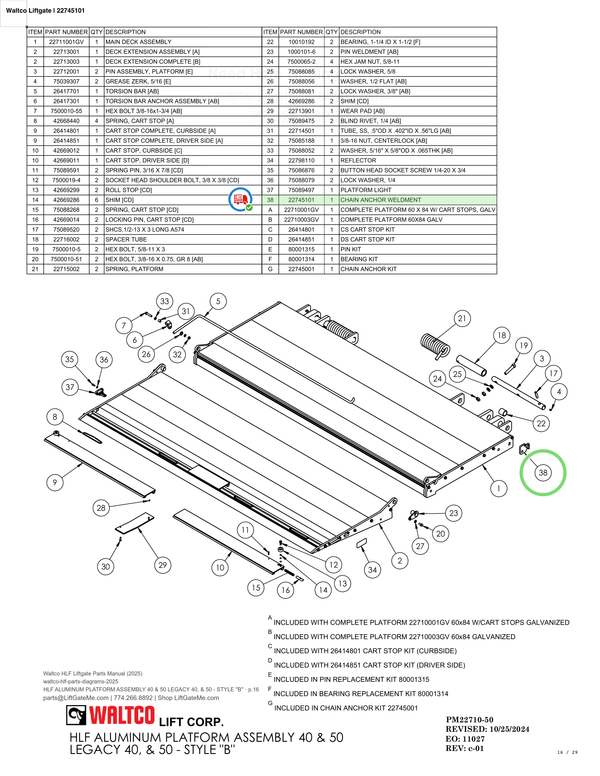 Waltco Liftgate | 22745101 — HLF ALUMINUM PLATFORM ASSEMBLY 40 & 50 LEGACY 40, & 50 - STYLE "B" · p.16 (Waltco HLF Parts Manual)