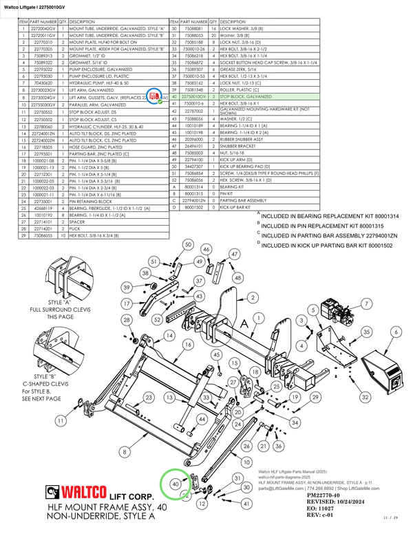 Waltco Liftgate | 22750010gv — HLF MOUNT FRAME ASSY, 40 NON-UNDERRIDE, STYLE A · p.11 (Waltco HLF Parts Manual)