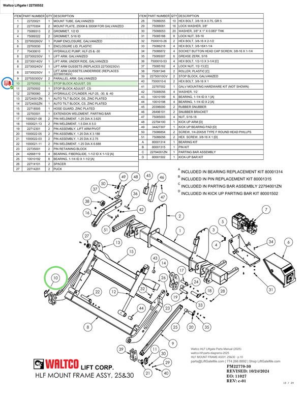 Waltco Liftgate | 22750552 — HLF MOUNT FRAME ASSY, 25&30 · p.10 (Waltco HLF Parts Manual)