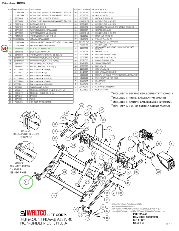 Waltco Liftgate | 22750552 — HLF MOUNT FRAME ASSY, 40 NON-UNDERRIDE, STYLE A · p.11 (Waltco HLF Parts Manual)