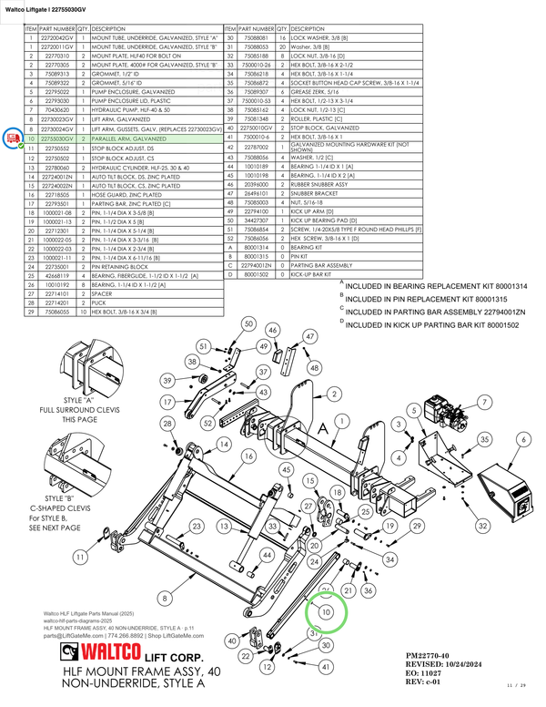 Waltco Liftgate | 22755030gv — HLF MOUNT FRAME ASSY, 40 NON-UNDERRIDE, STYLE A · p.11 (Waltco HLF Parts Manual)