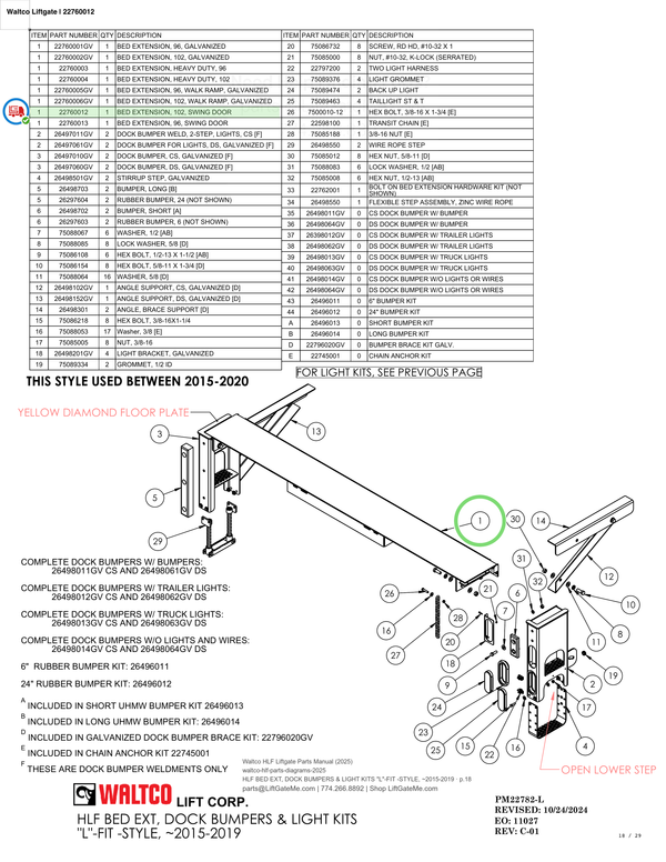 Waltco Liftgate | 22760012 — HLF BED EXT, DOCK BUMPERS & LIGHT KITS "L"-FIT -STYLE, ~2015-2019 · p.18 (Waltco HLF Parts Manual)