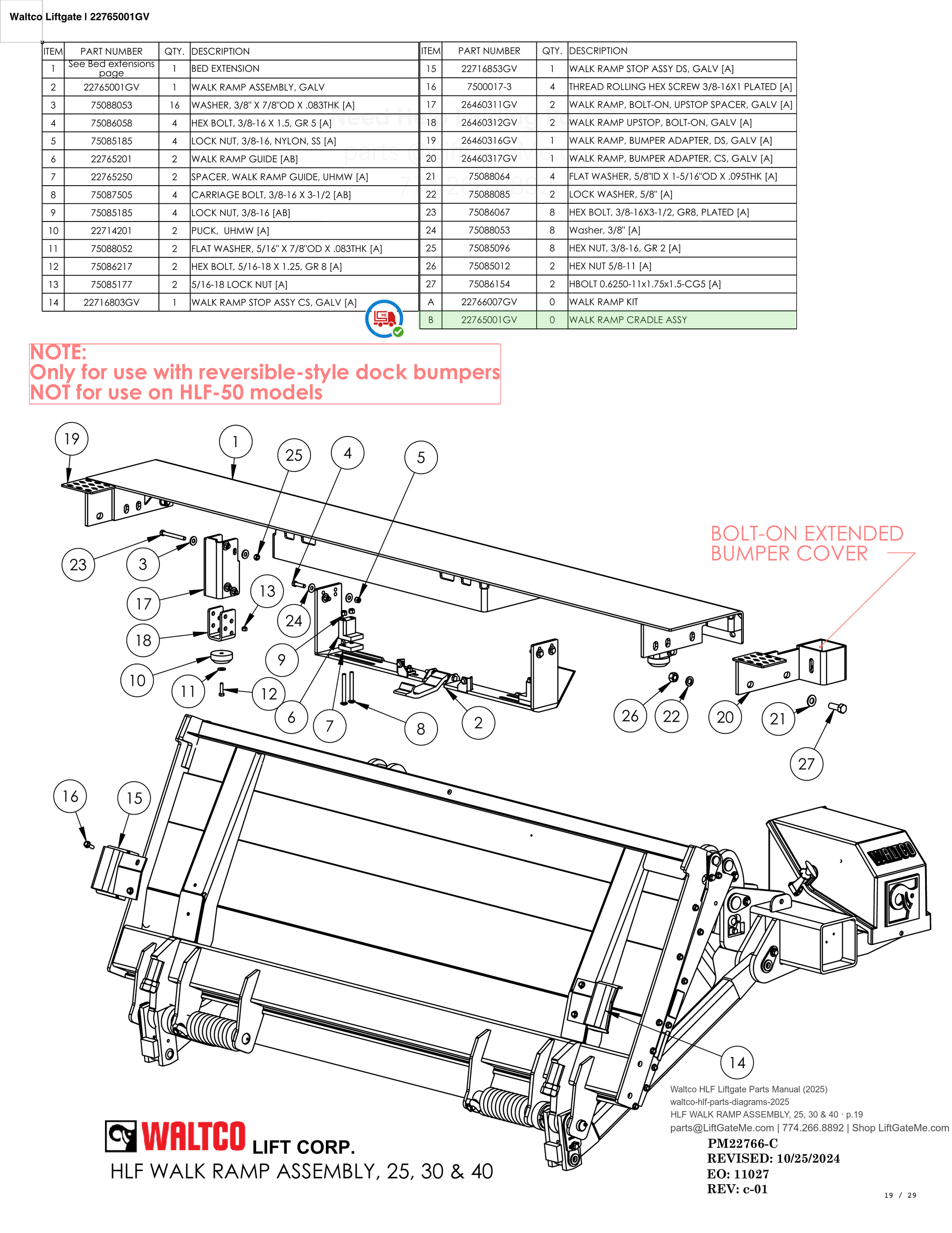 Waltco Liftgate | 22765001gv — HLF WALK RAMP ASSEMBLY, 25, 30 & 40 · p.19 (Waltco HLF Parts Manual)