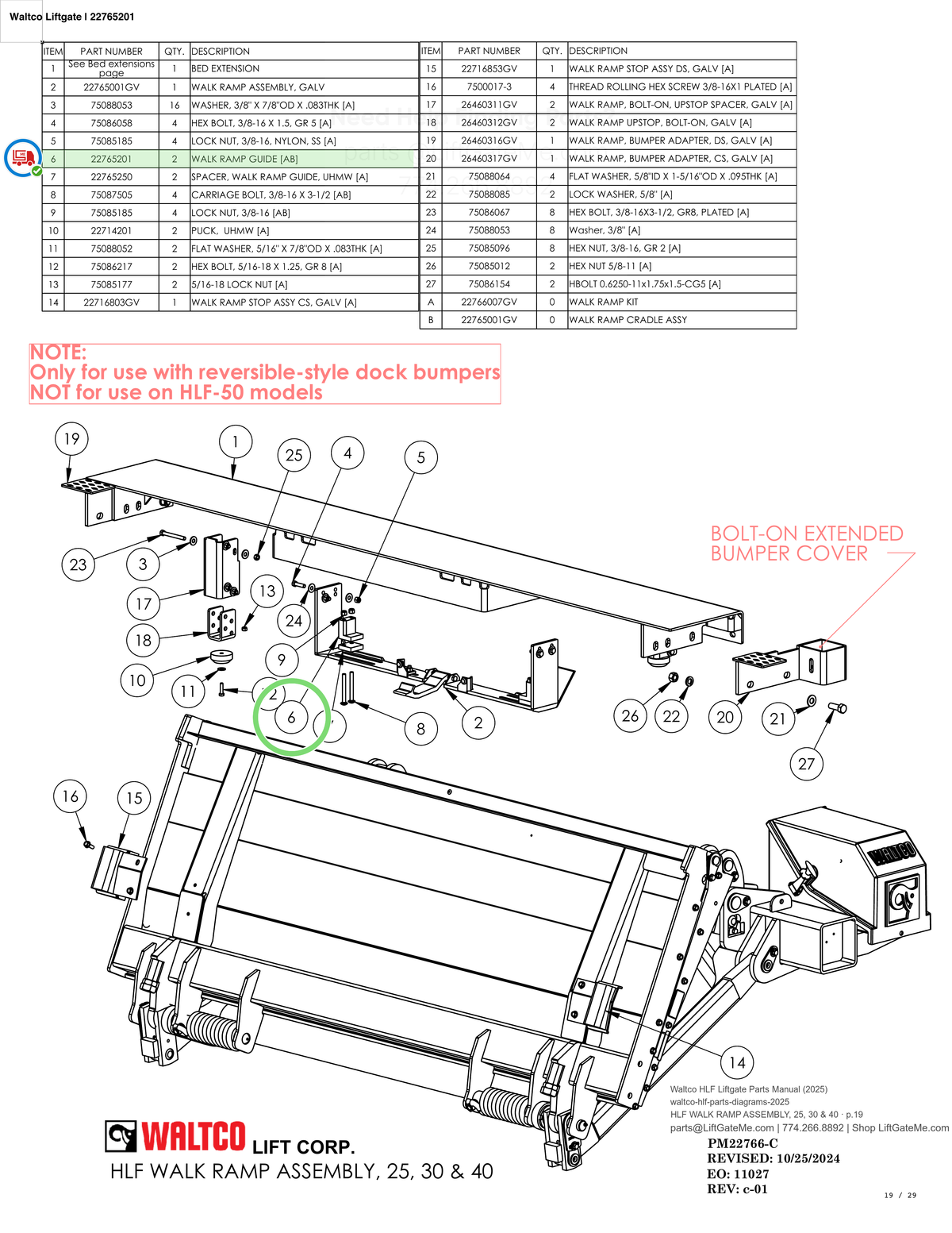Waltco Liftgate | 22765201 — HLF WALK RAMP ASSEMBLY, 25, 30 & 40 · p.19 (Waltco HLF Parts Manual)