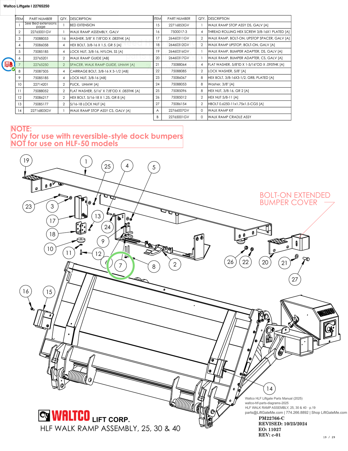 Waltco Liftgate | 22765250 — HLF WALK RAMP ASSEMBLY, 25, 30 & 40 · p.19 (Waltco HLF Parts Manual)
