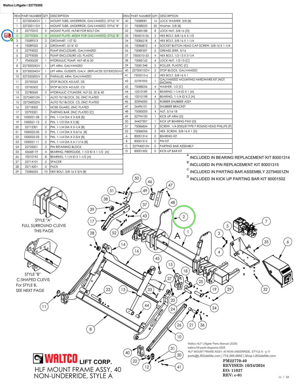Waltco Liftgate | 22770305 — HLF MOUNT FRAME ASSY, 40 NON-UNDERRIDE, STYLE A · p.11 (Waltco HLF Parts Manual)