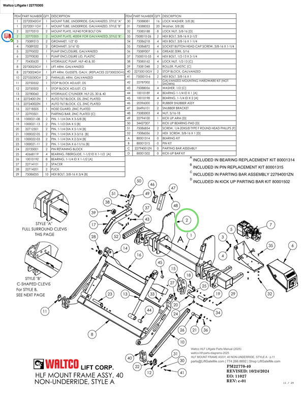Waltco Liftgate | 22770305 — HLF MOUNT FRAME ASSY, 40 NON-UNDERRIDE, STYLE A · p.11 (Waltco HLF Parts Manual)