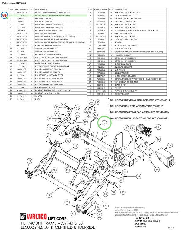 Waltco Liftgate | 22770305 — HLF MOUNT FRAME ASSY, 40 & 50 LEGACY 40, 50, & CERTIFIED UNDERRIDE · p.12 (Waltco HLF Parts Manual)