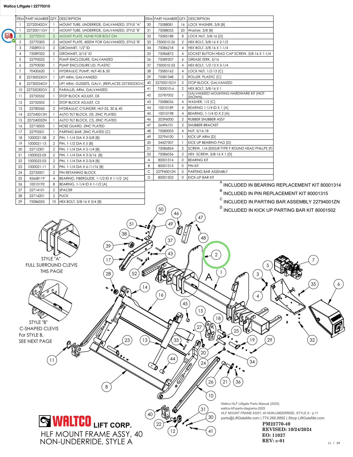 Waltco Liftgate | 22770310 — HLF MOUNT FRAME ASSY, 40 NON-UNDERRIDE, STYLE A · p.11 (Waltco HLF Parts Manual)