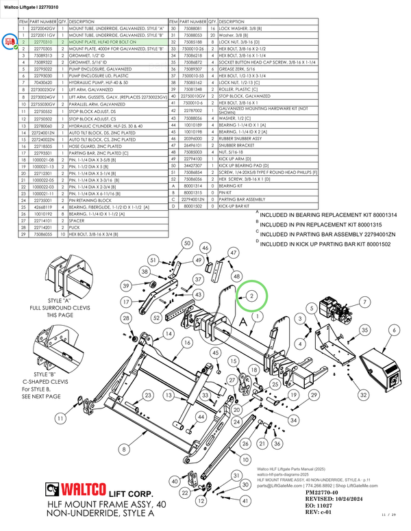 Waltco Liftgate | 22770310 — HLF MOUNT FRAME ASSY, 40 NON-UNDERRIDE, STYLE A · p.11 (Waltco HLF Parts Manual)