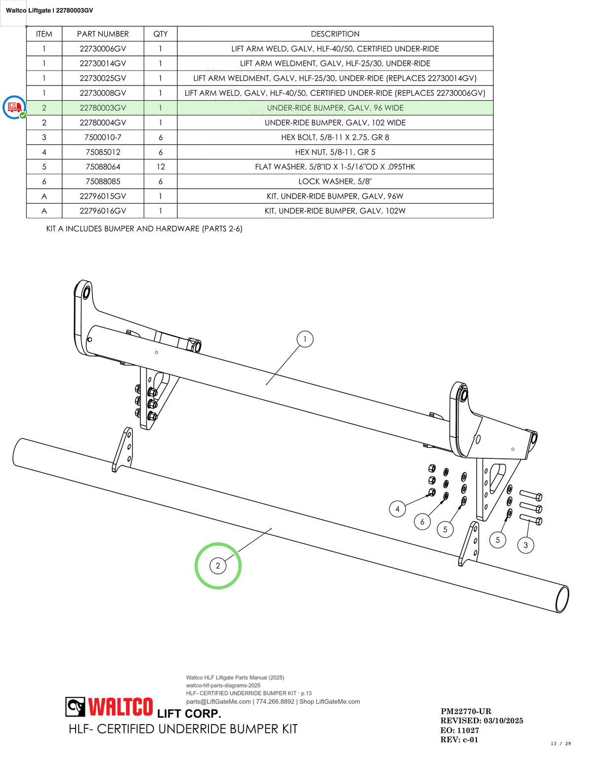 Waltco Liftgate | 22780003gv — HLF- CERTIFIED UNDERRIDE BUMPER KIT · p.13 (Waltco HLF Parts Manual)