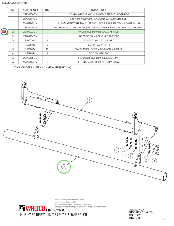 Waltco Liftgate | 22780003gv — HLF- CERTIFIED UNDERRIDE BUMPER KIT · p.13 (Waltco HLF Parts Manual)