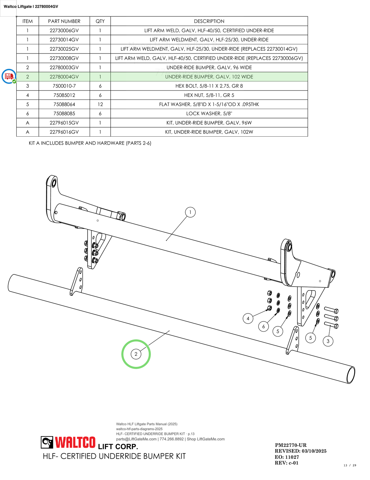 Waltco Liftgate | 22780004gv — HLF- CERTIFIED UNDERRIDE BUMPER KIT · p.13 (Waltco HLF Parts Manual)
