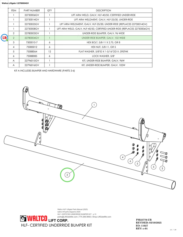 Waltco Liftgate | 22780004gv — HLF- CERTIFIED UNDERRIDE BUMPER KIT · p.13 (Waltco HLF Parts Manual)
