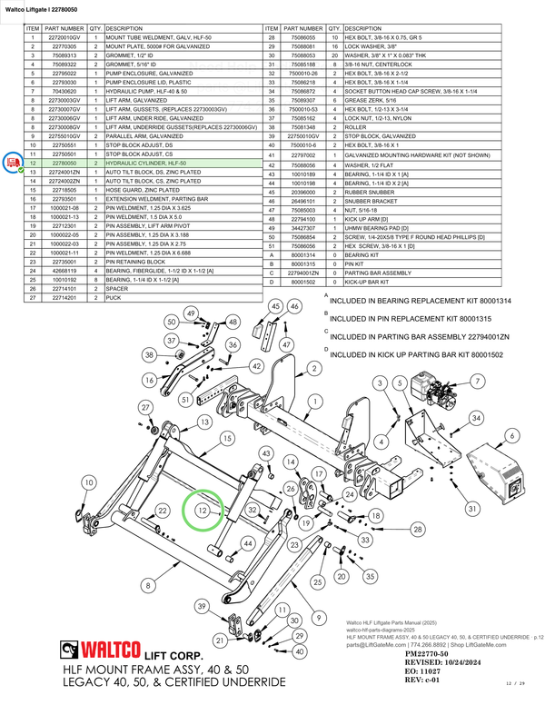 Waltco Liftgate | 22780050 — HLF MOUNT FRAME ASSY, 40 & 50 LEGACY 40, 50, & CERTIFIED UNDERRIDE · p.12 (Waltco HLF Parts Manual)