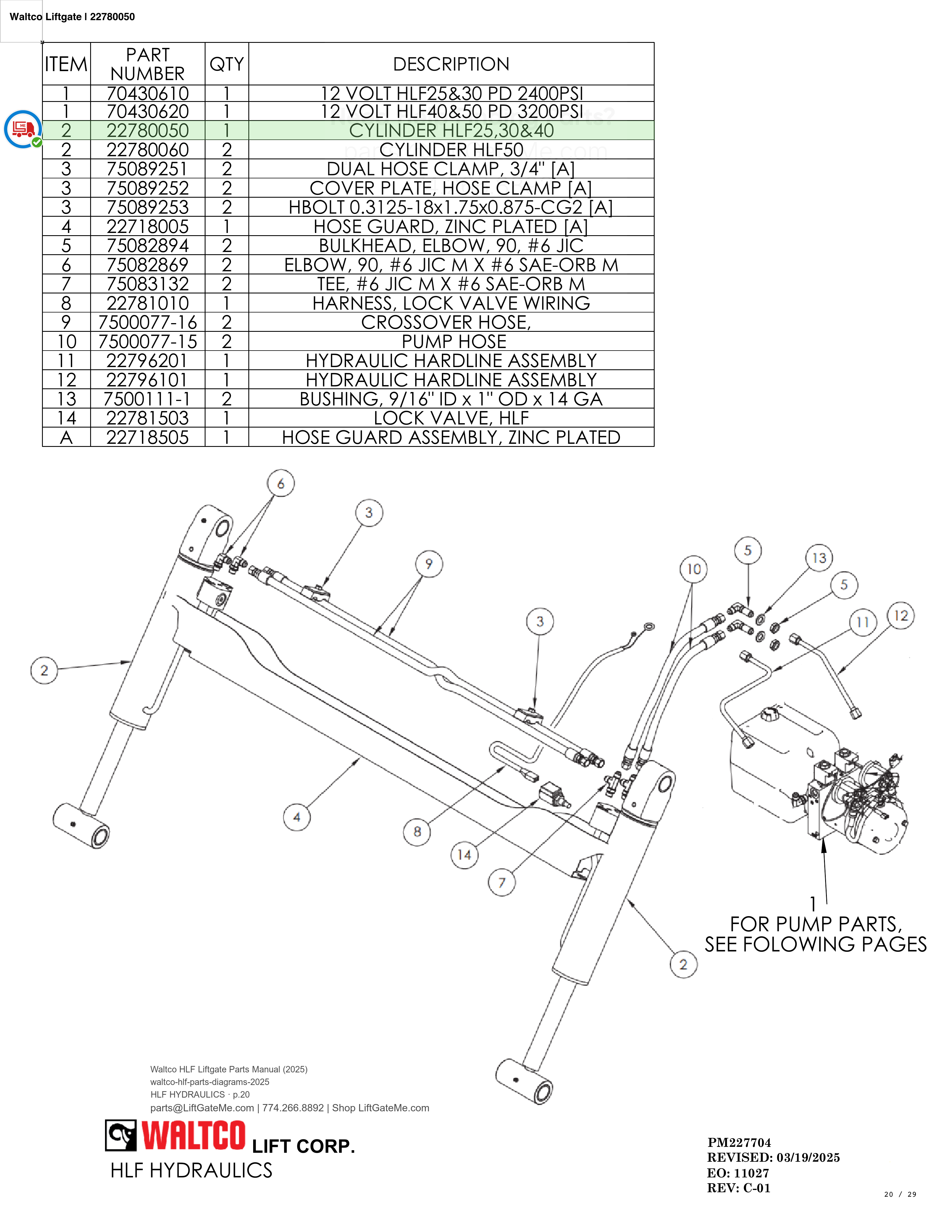 Waltco Liftgate | 22780050 — HLF HYDRAULICS · p.20 (Waltco HLF Parts Manual)