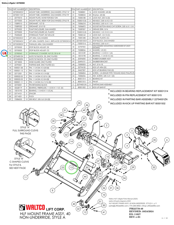 Waltco Liftgate | 22780060 — HLF MOUNT FRAME ASSY, 40 NON-UNDERRIDE, STYLE A · p.11 (Waltco HLF Parts Manual)