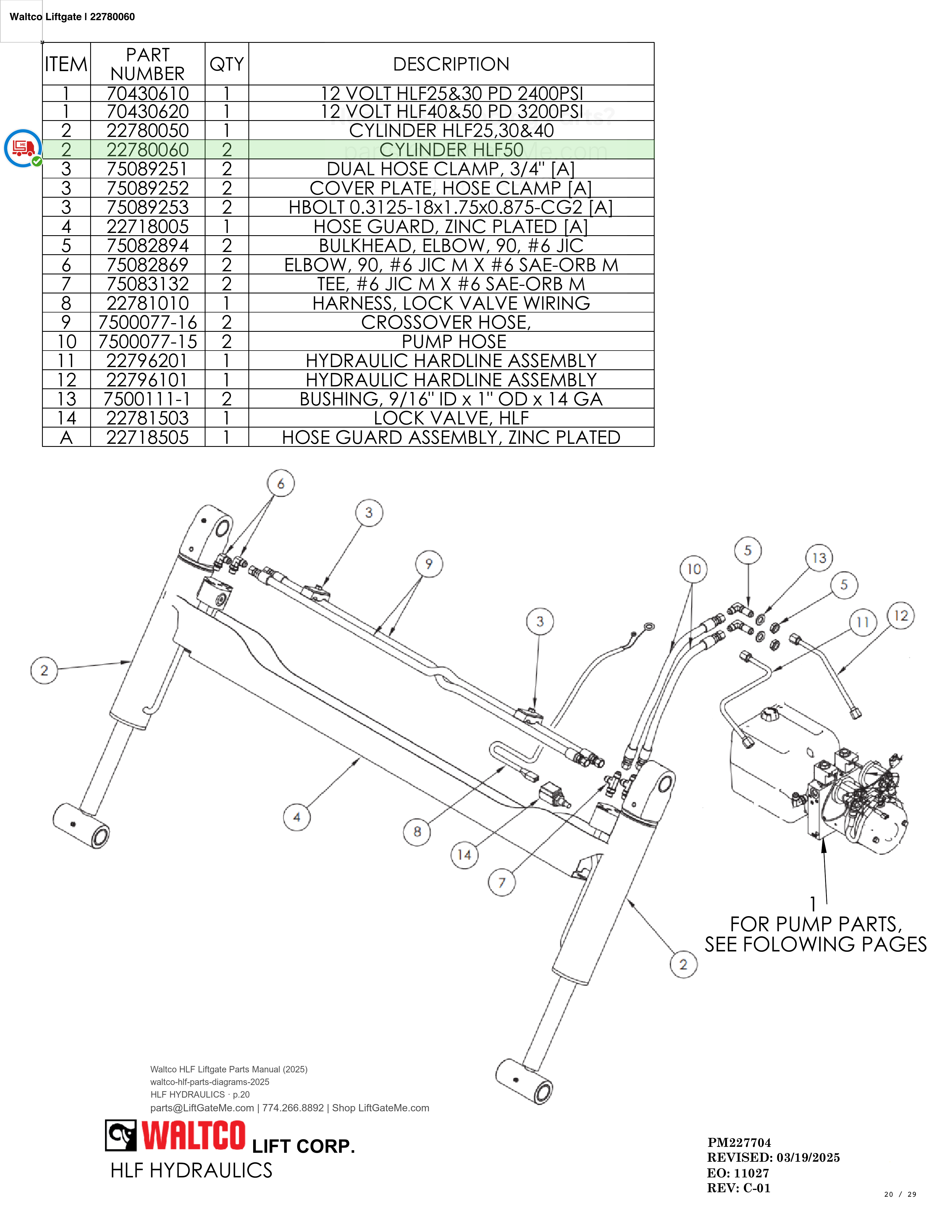 Waltco Liftgate | 22780060 — HLF HYDRAULICS · p.20 (Waltco HLF Parts Manual)