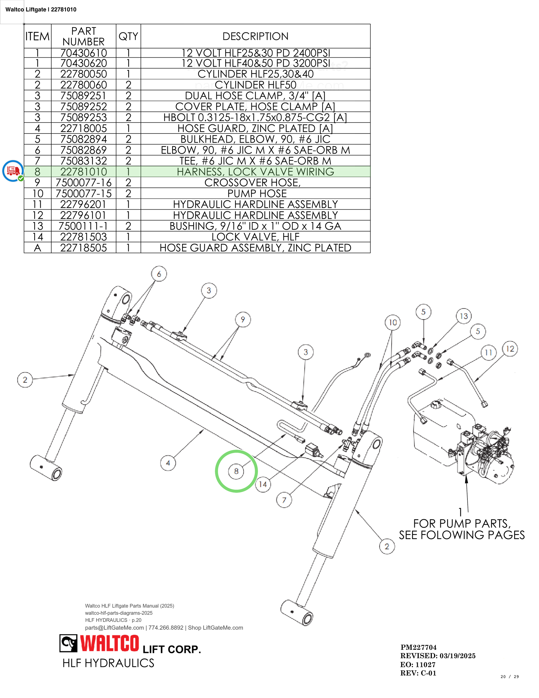 Waltco Liftgate | 22781010 — HLF HYDRAULICS · p.20 (Waltco HLF Parts Manual)