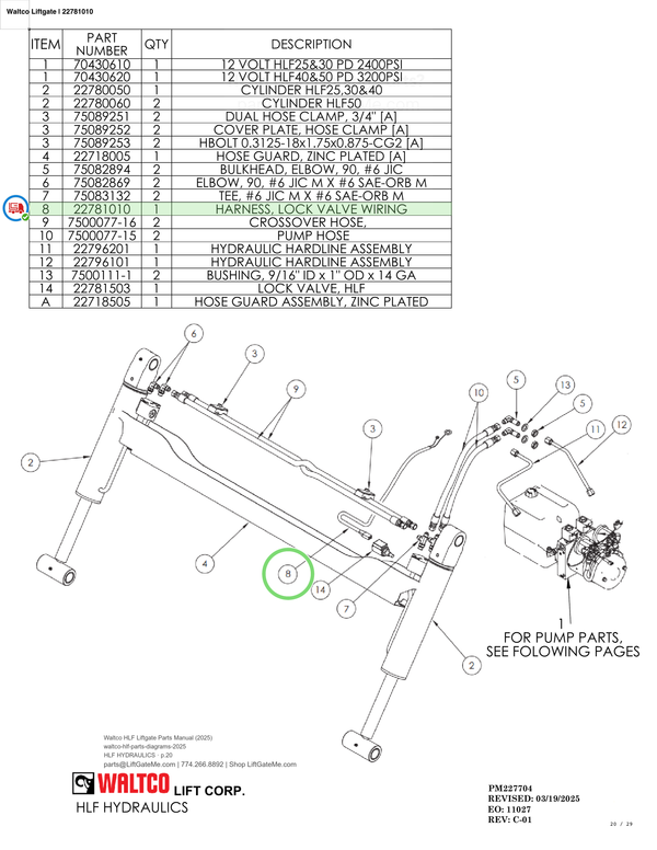 Waltco Liftgate | 22781010 — HLF HYDRAULICS · p.20 (Waltco HLF Parts Manual)
