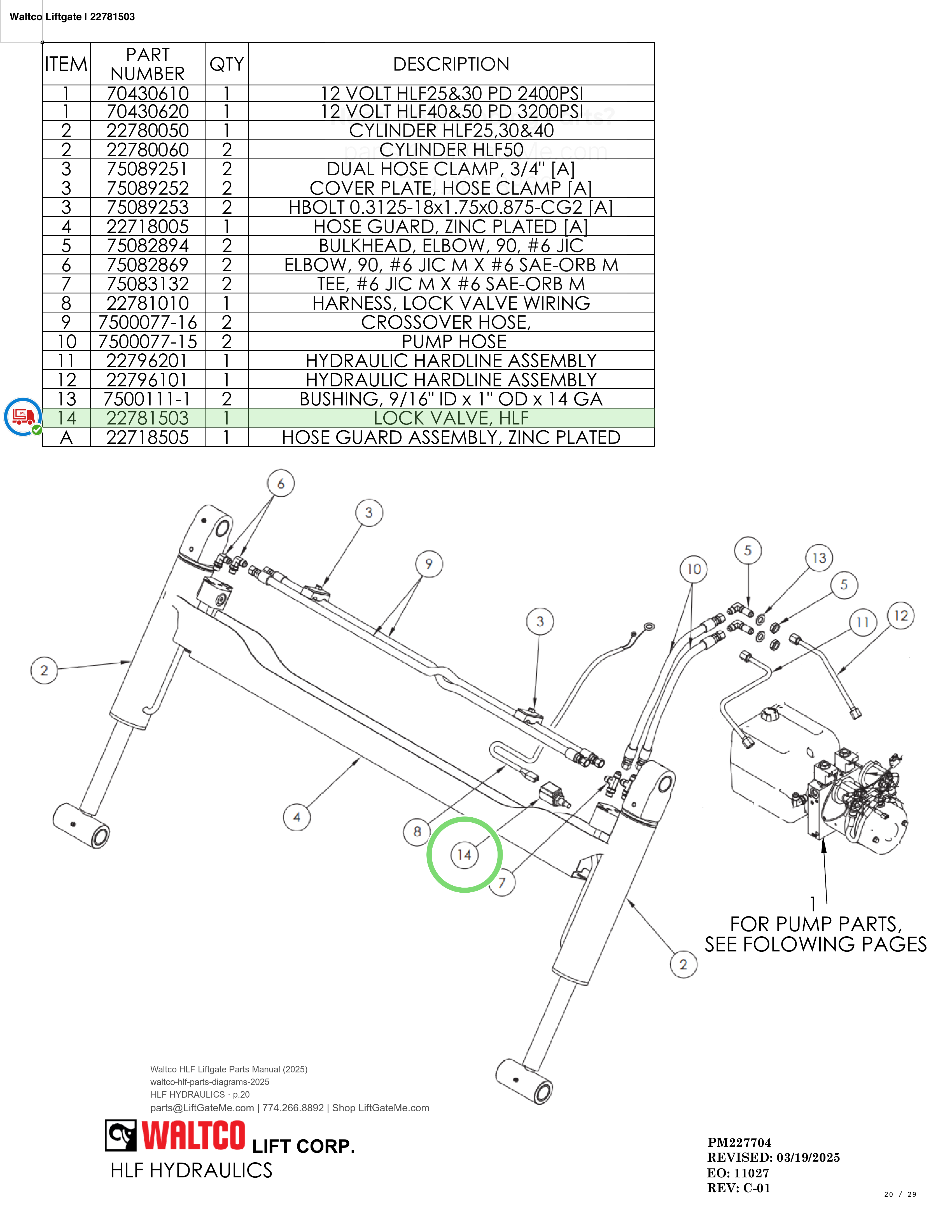 Waltco Liftgate | 22781503 — HLF HYDRAULICS · p.20 (Waltco HLF Parts Manual)