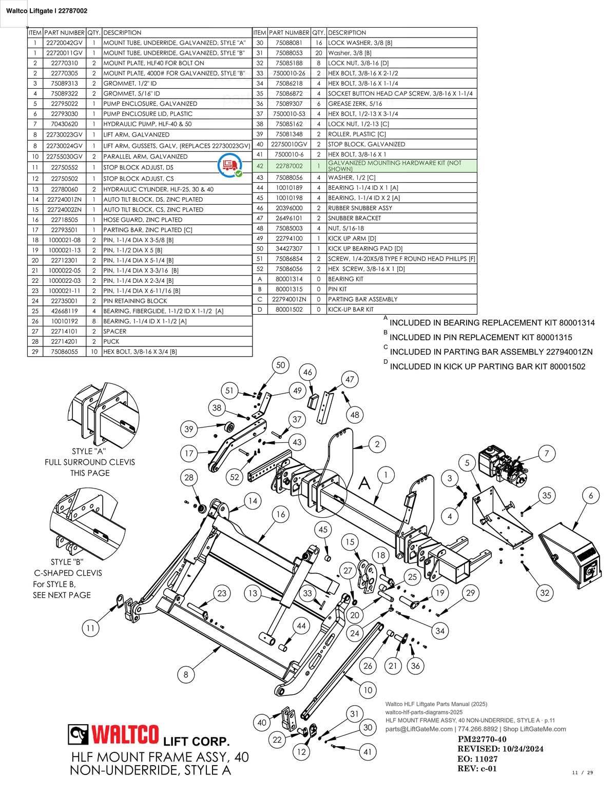 Waltco Liftgate | 22787002 — HLF MOUNT FRAME ASSY, 40 NON-UNDERRIDE, STYLE A · p.11 (Waltco HLF Parts Manual)