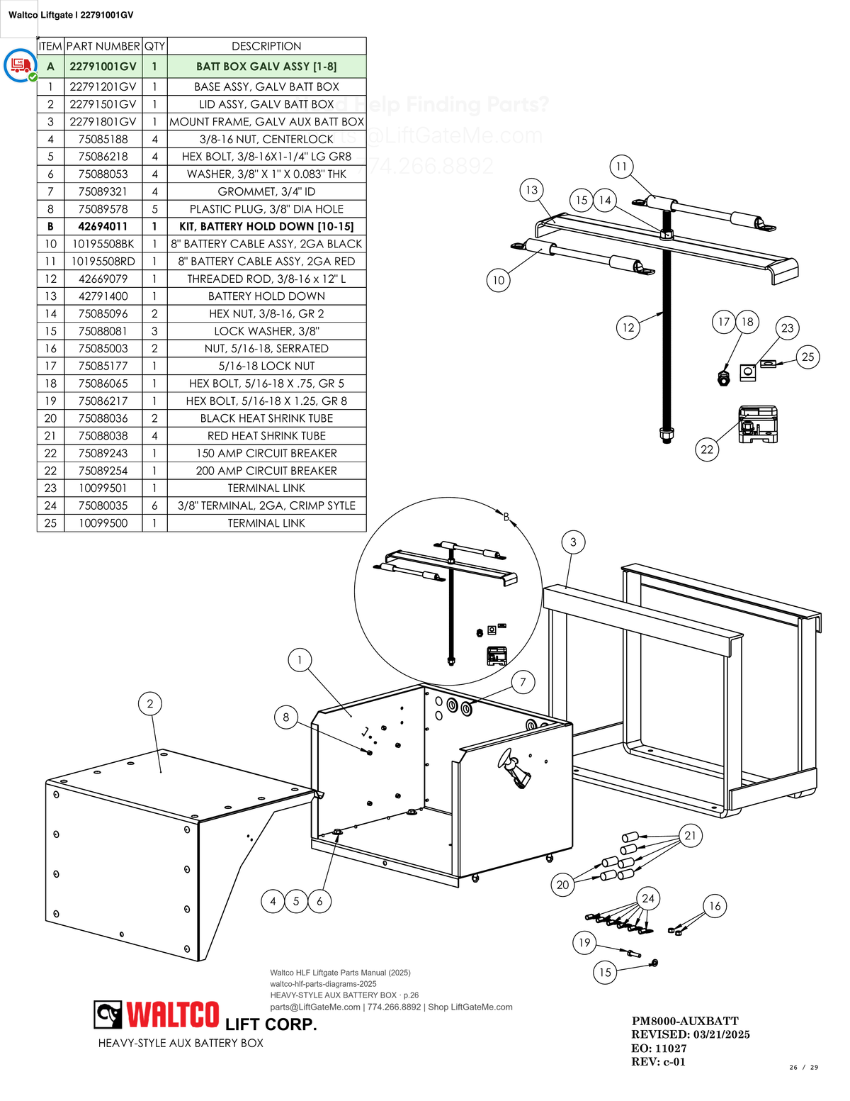 Waltco Liftgate | 22791001gv — HEAVY-STYLE AUX BATTERY BOX · p.26 (Waltco HLF Parts Manual)