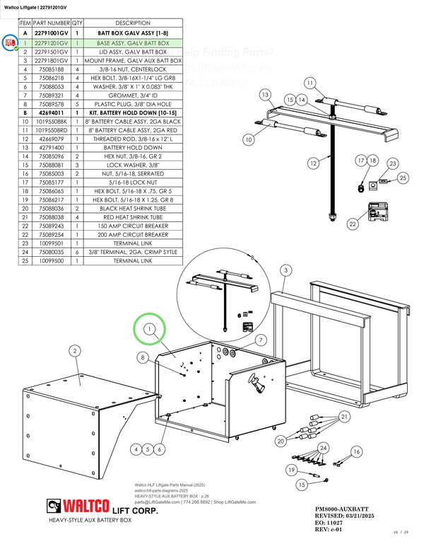 Waltco Liftgate | 22791201gv — HEAVY-STYLE AUX BATTERY BOX · p.26 (Waltco HLF Parts Manual)