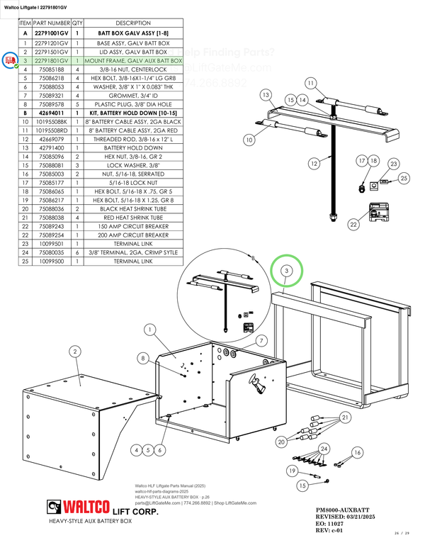 Waltco Liftgate | 22791801gv — HEAVY-STYLE AUX BATTERY BOX · p.26 (Waltco HLF Parts Manual)