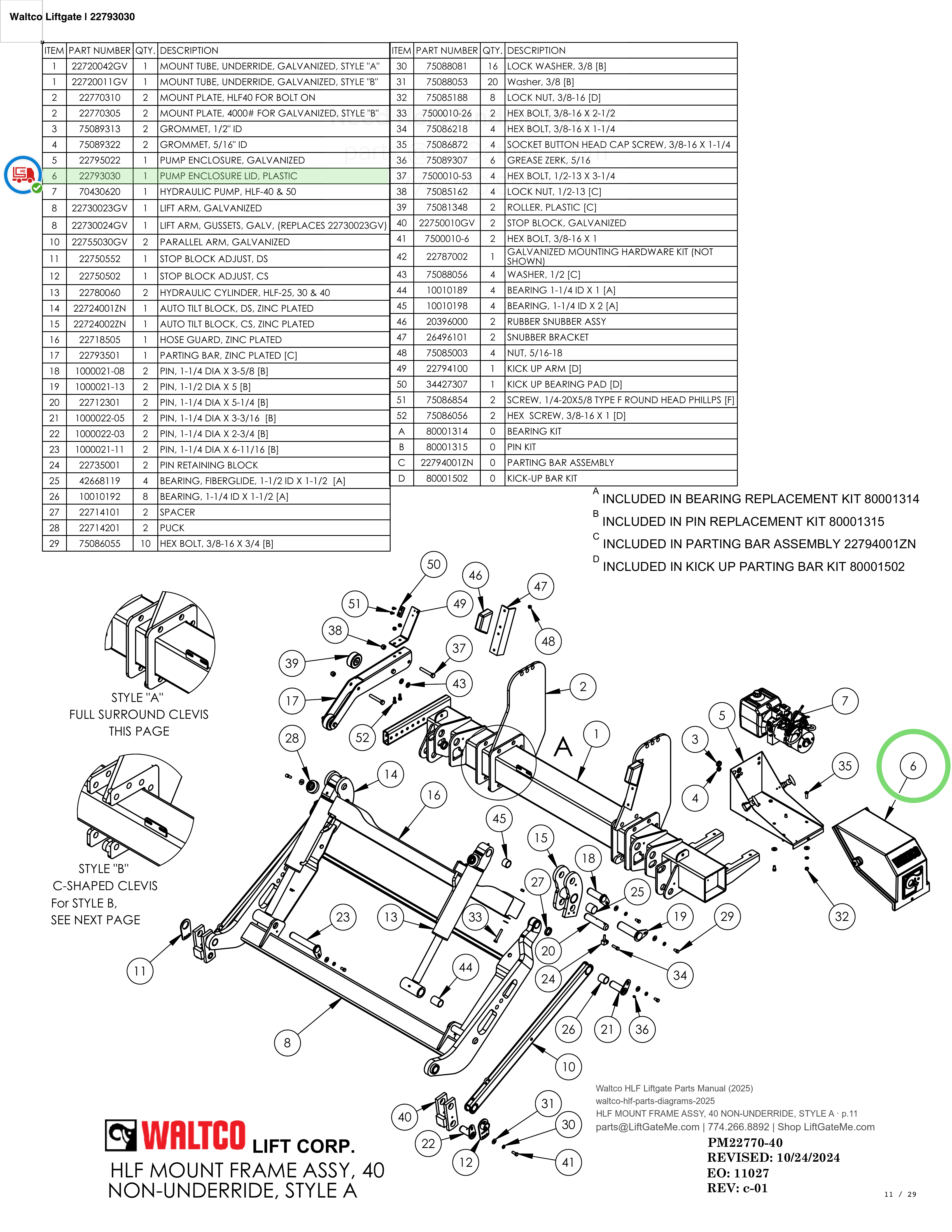 Waltco Liftgate | 22793030 — HLF MOUNT FRAME ASSY, 40 NON-UNDERRIDE, STYLE A · p.11 (Waltco HLF Parts Manual)