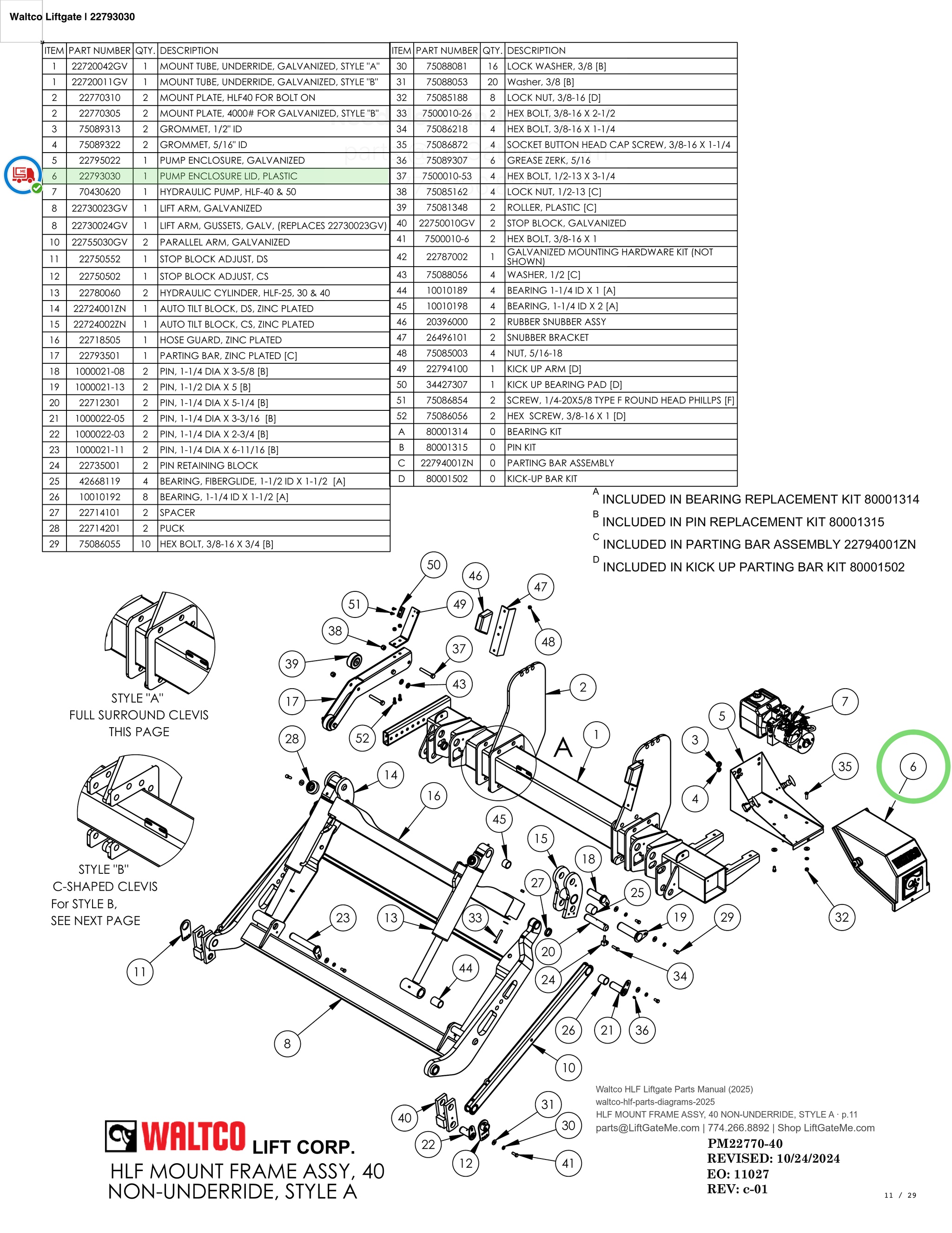 Waltco Liftgate | 22793030 — HLF MOUNT FRAME ASSY, 40 NON-UNDERRIDE, STYLE A · p.11 (Waltco HLF Parts Manual)
