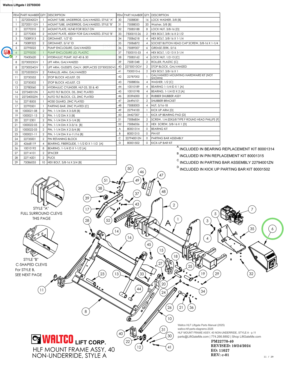 Waltco Liftgate | 22793030 — HLF MOUNT FRAME ASSY, 40 NON-UNDERRIDE, STYLE A · p.11 (Waltco HLF Parts Manual)