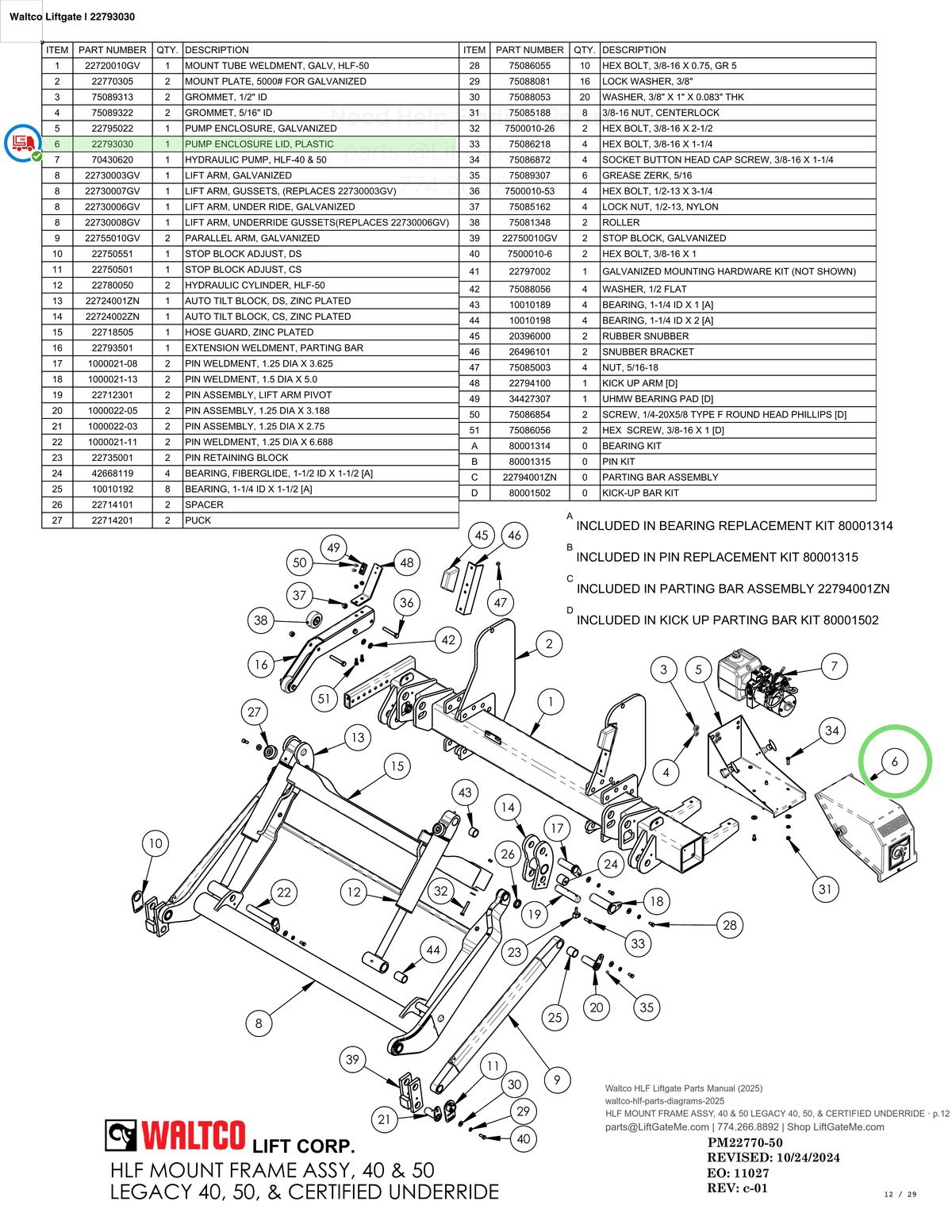 Waltco Liftgate | 22793030 — HLF MOUNT FRAME ASSY, 40 & 50 LEGACY 40, 50, & CERTIFIED UNDERRIDE · p.12 (Waltco HLF Parts Manual)