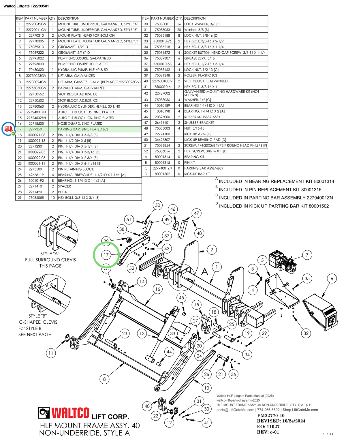 Waltco Liftgate | 22793501 — HLF MOUNT FRAME ASSY, 40 NON-UNDERRIDE, STYLE A · p.11 (Waltco HLF Parts Manual)