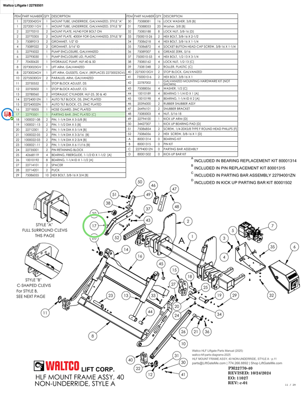 Waltco Liftgate | 22793501 — HLF MOUNT FRAME ASSY, 40 NON-UNDERRIDE, STYLE A · p.11 (Waltco HLF Parts Manual)