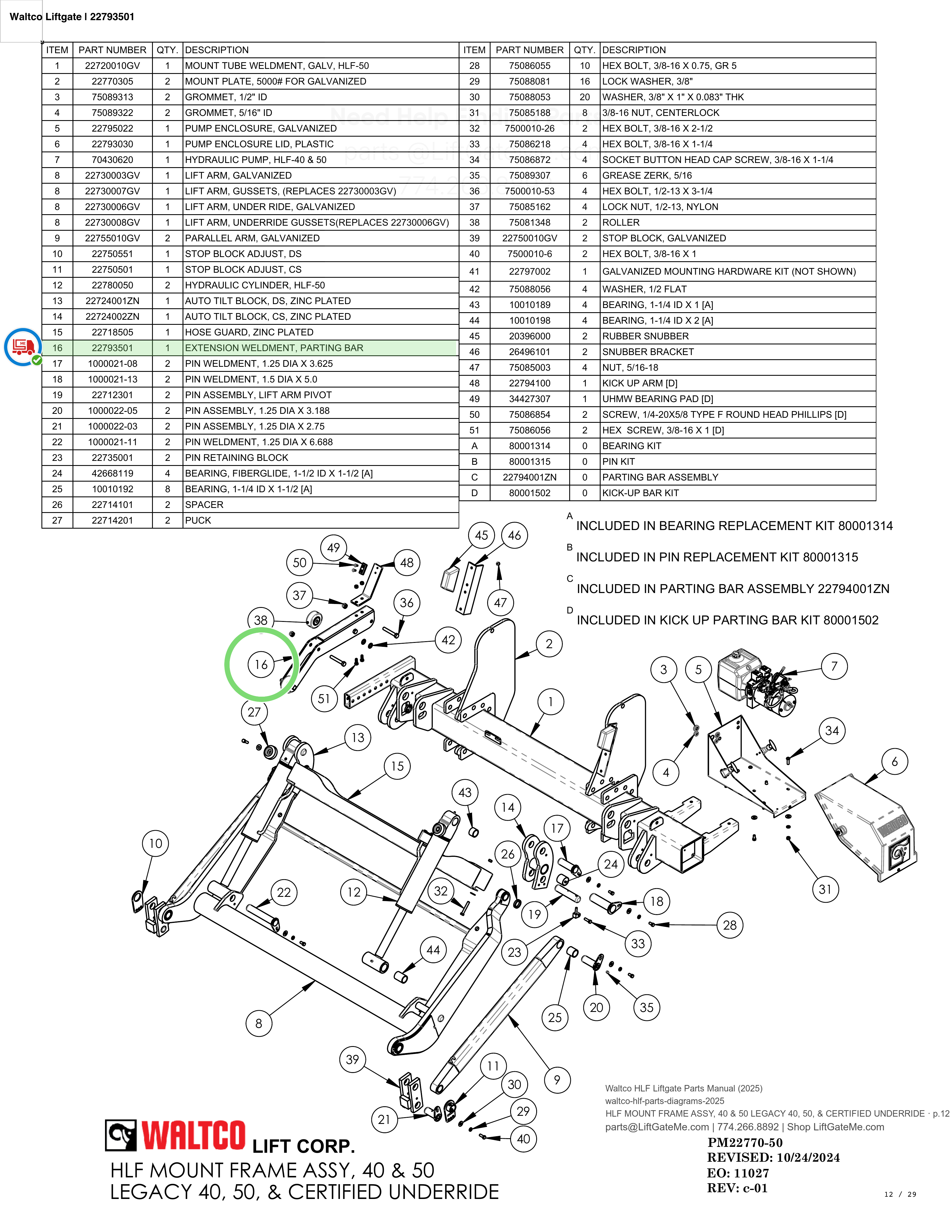 Waltco Liftgate | 22793501 — HLF MOUNT FRAME ASSY, 40 & 50 LEGACY 40, 50, & CERTIFIED UNDERRIDE · p.12 (Waltco HLF Parts Manual)