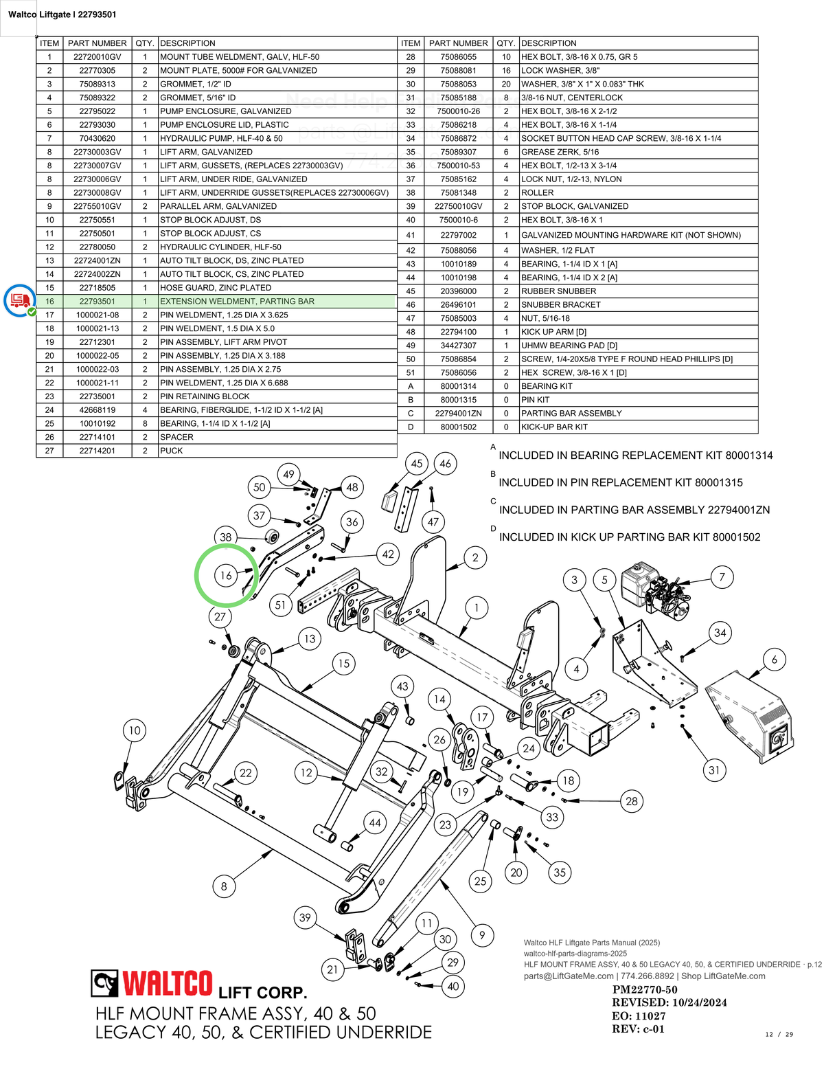 Waltco Liftgate | 22793501 — HLF MOUNT FRAME ASSY, 40 & 50 LEGACY 40, 50, & CERTIFIED UNDERRIDE · p.12 (Waltco HLF Parts Manual)