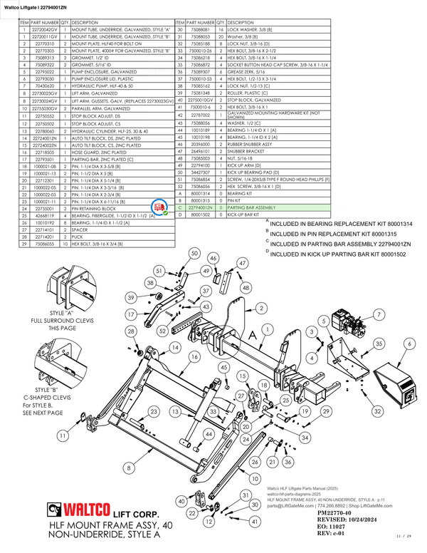 Waltco Liftgate | 22794001zn — HLF MOUNT FRAME ASSY, 40 NON-UNDERRIDE, STYLE A · p.11 (Waltco HLF Parts Manual)