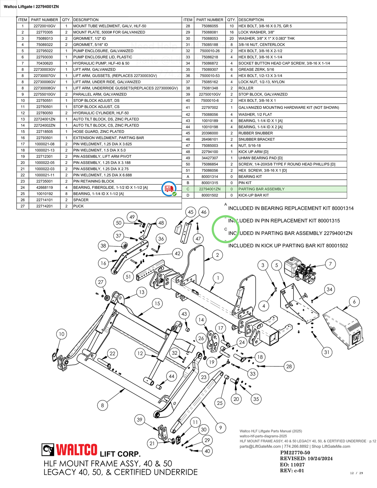 Waltco Liftgate | 22794001zn — HLF MOUNT FRAME ASSY, 40 & 50 LEGACY 40, 50, & CERTIFIED UNDERRIDE · p.12 (Waltco HLF Parts Manual)