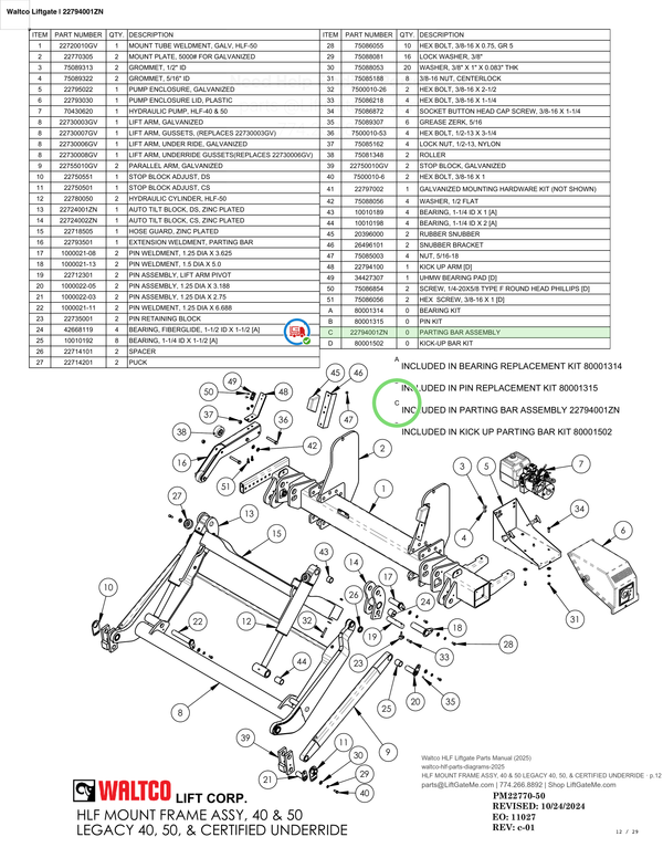 Waltco Liftgate | 22794001zn — HLF MOUNT FRAME ASSY, 40 & 50 LEGACY 40, 50, & CERTIFIED UNDERRIDE · p.12 (Waltco HLF Parts Manual)