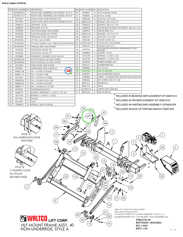 Waltco Liftgate | 22794100 — HLF MOUNT FRAME ASSY, 40 NON-UNDERRIDE, STYLE A · p.11 (Waltco HLF Parts Manual)